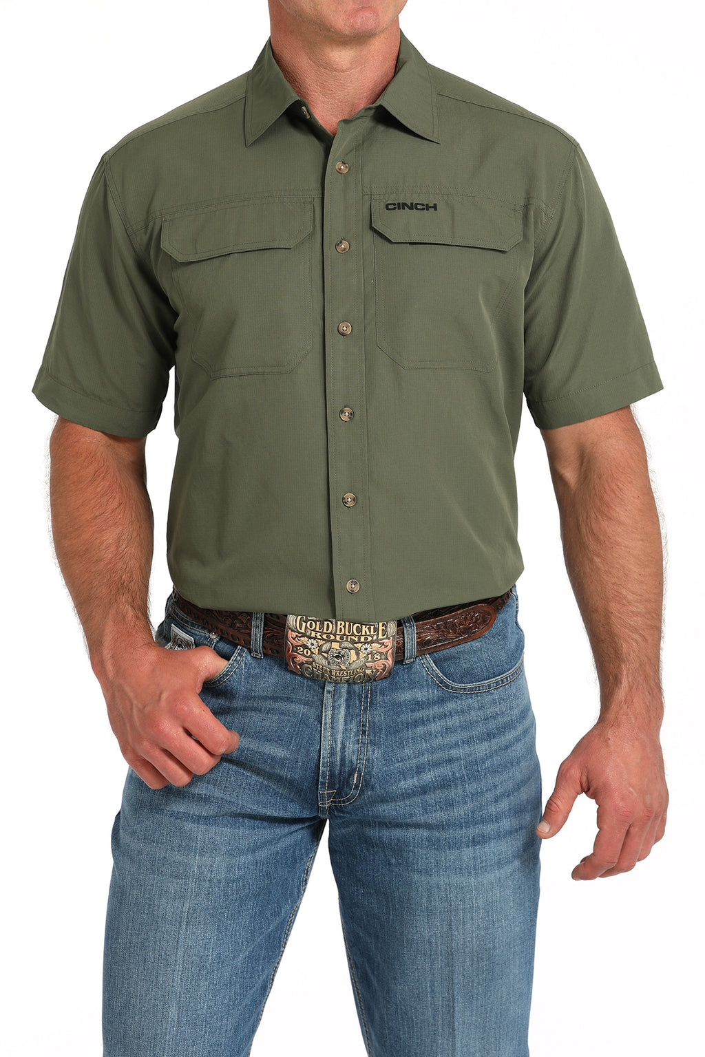 CINCH Men's Solid Olive S/S ARENAFLEX Western Button-Down Shirt