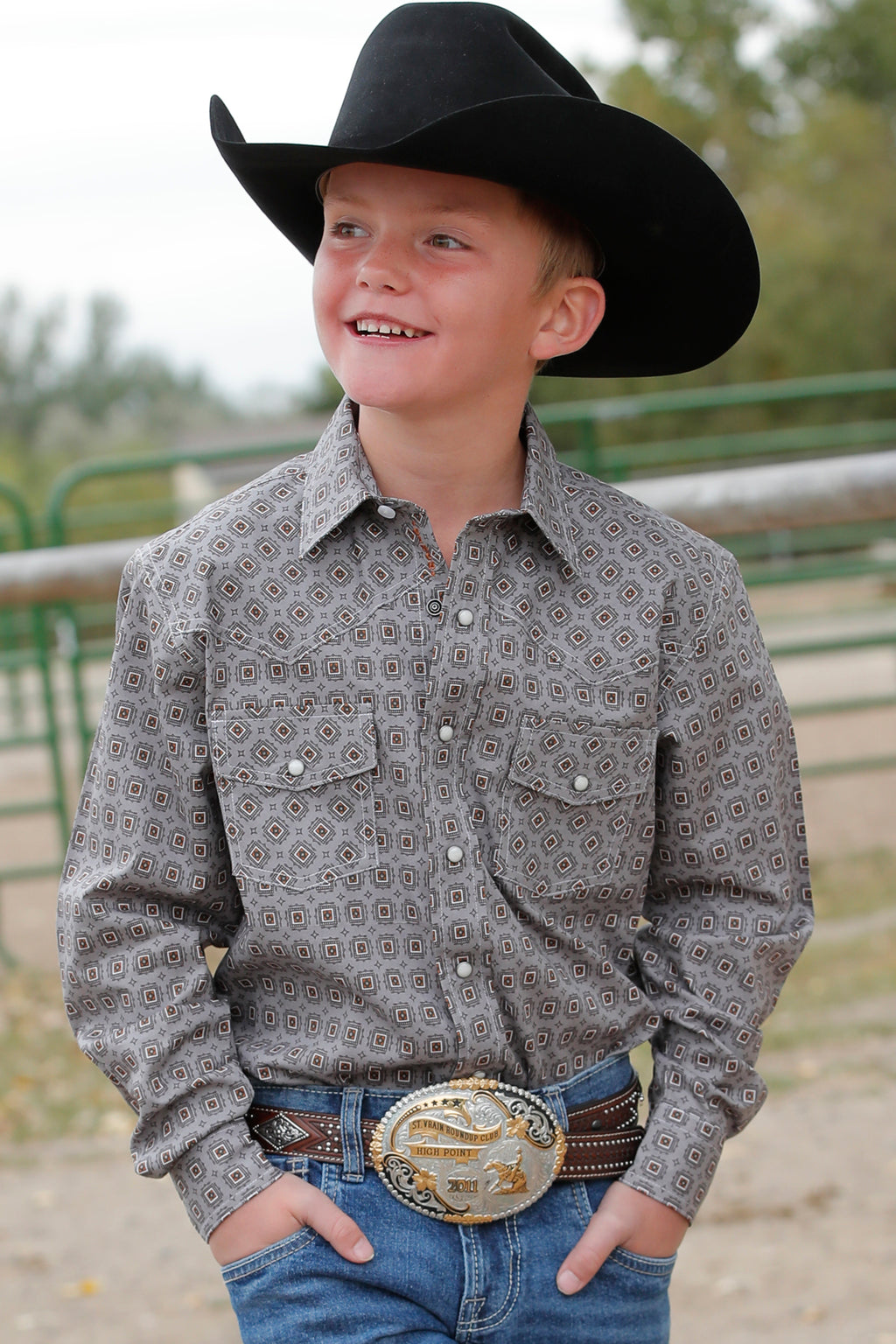 CINCH Boy's Grey Long Sleeve Button-Down Western Shirt