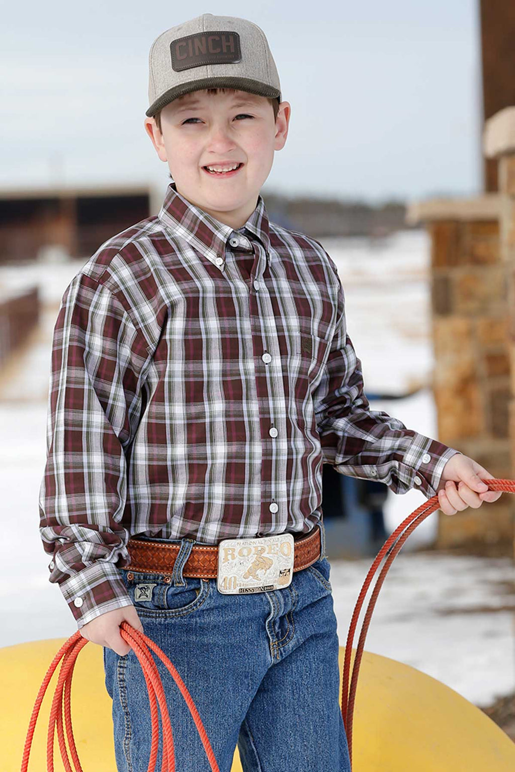 CINCH Boy's Brown Plaid Button-Down Western Shirt