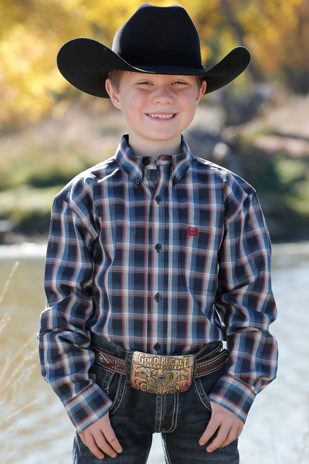 CINCH Boy's Navy Plaid Button-Down Western Shirt