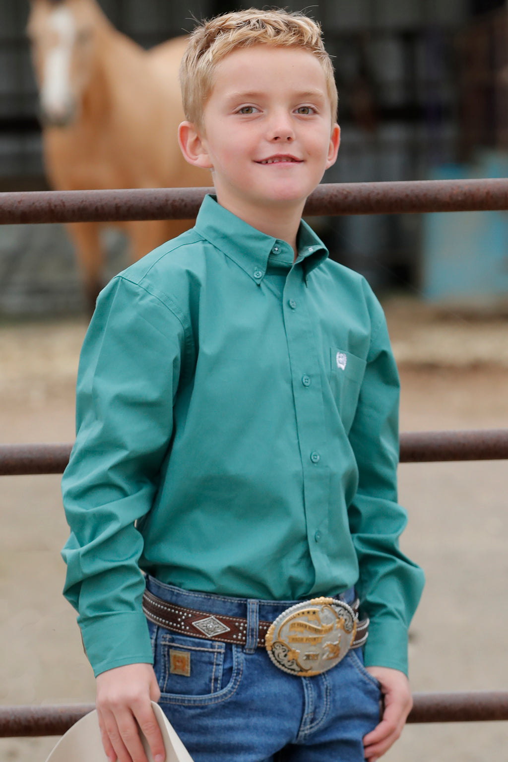 CINCH Boy's Green Long Sleeve Button-Down Western Shirt