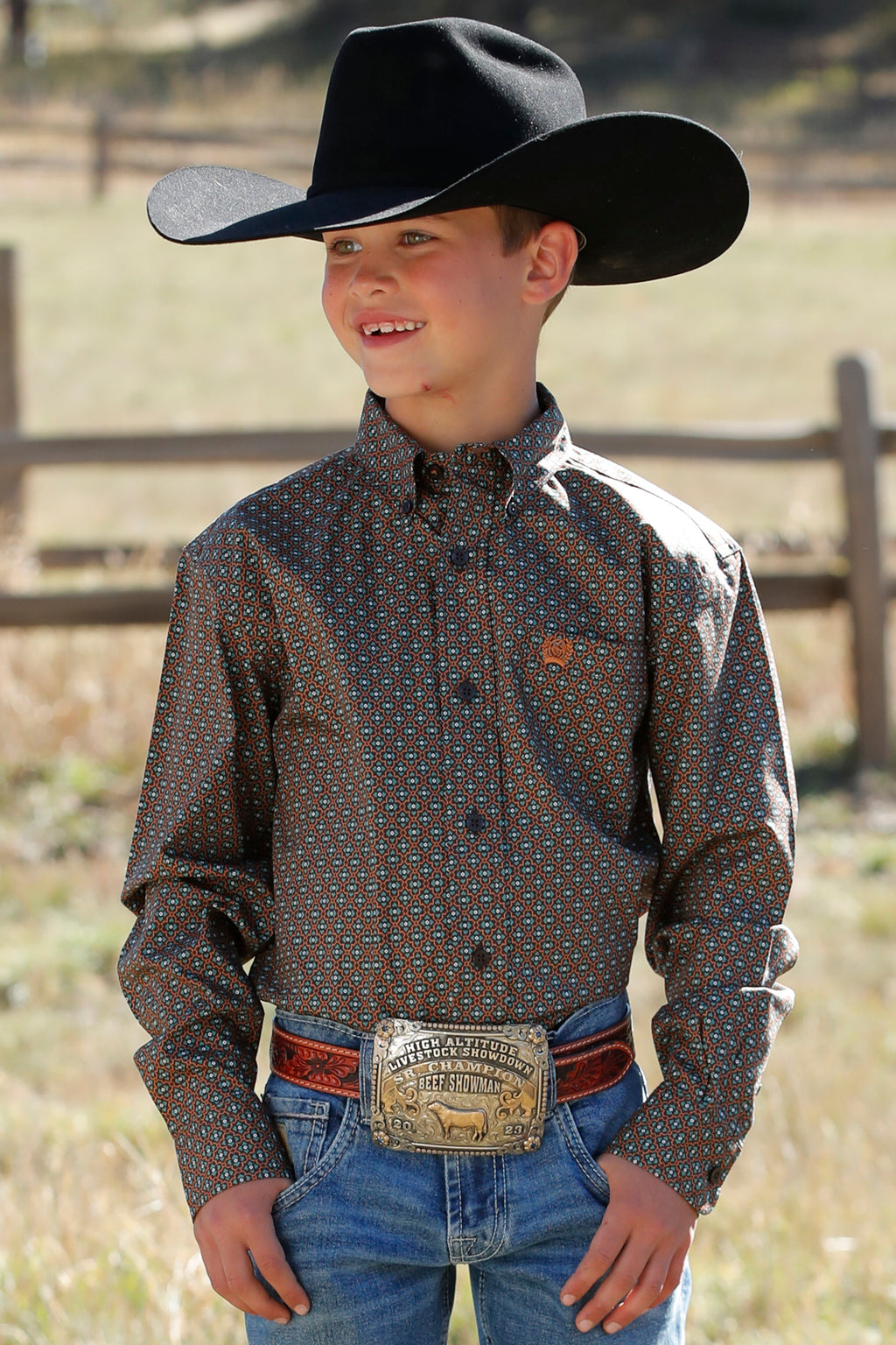 CINCH Boy's Brown Long Sleeve Button-Down Western Shirt