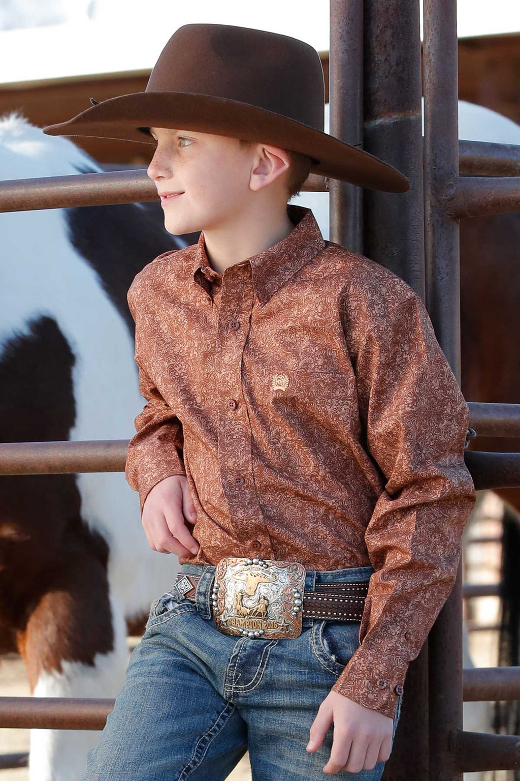 CINCH Boy's Brown Long Sleeve Button-Down Western Shirt