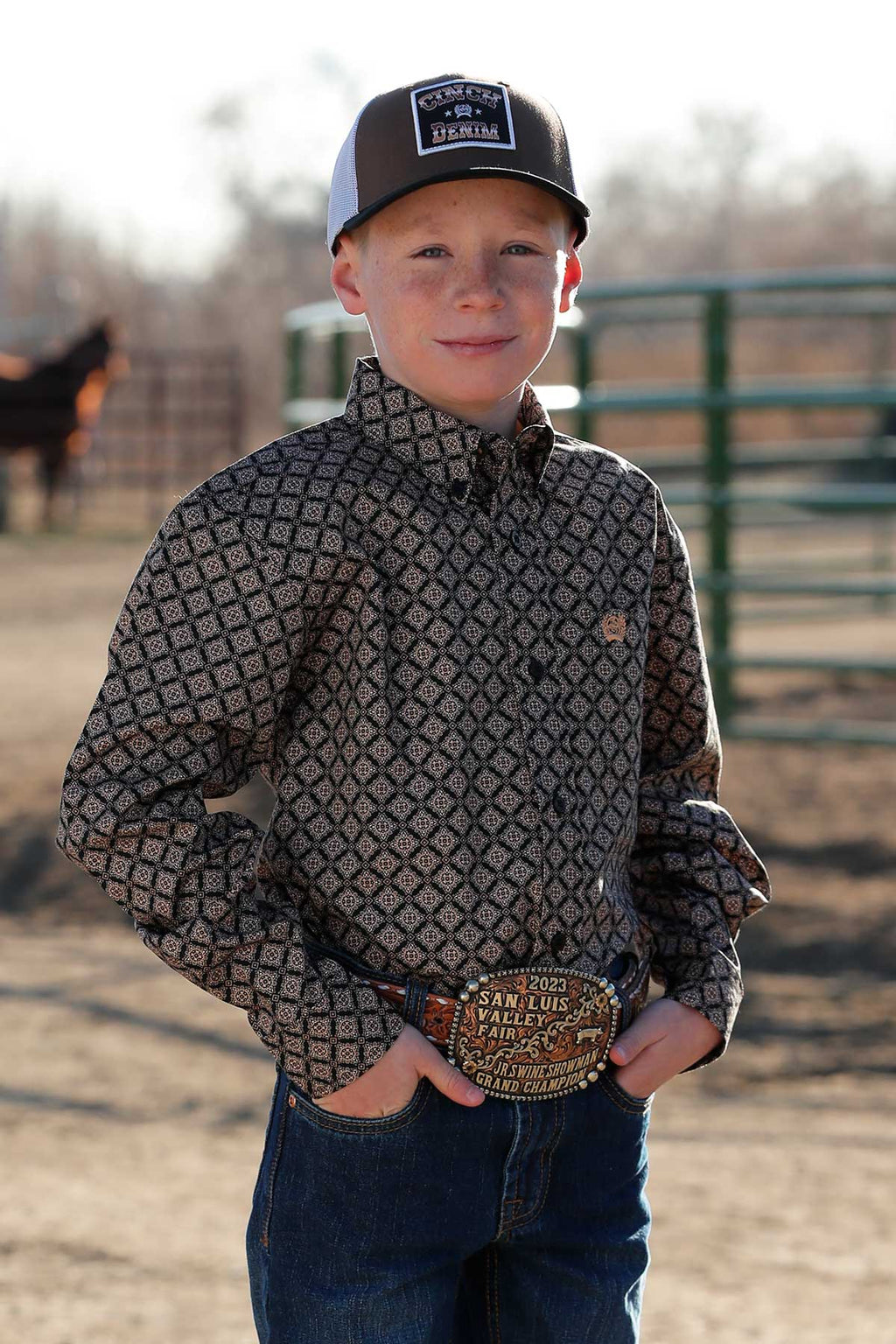 CINCH Boy's Black L/S Print Button-Down Western Shirt