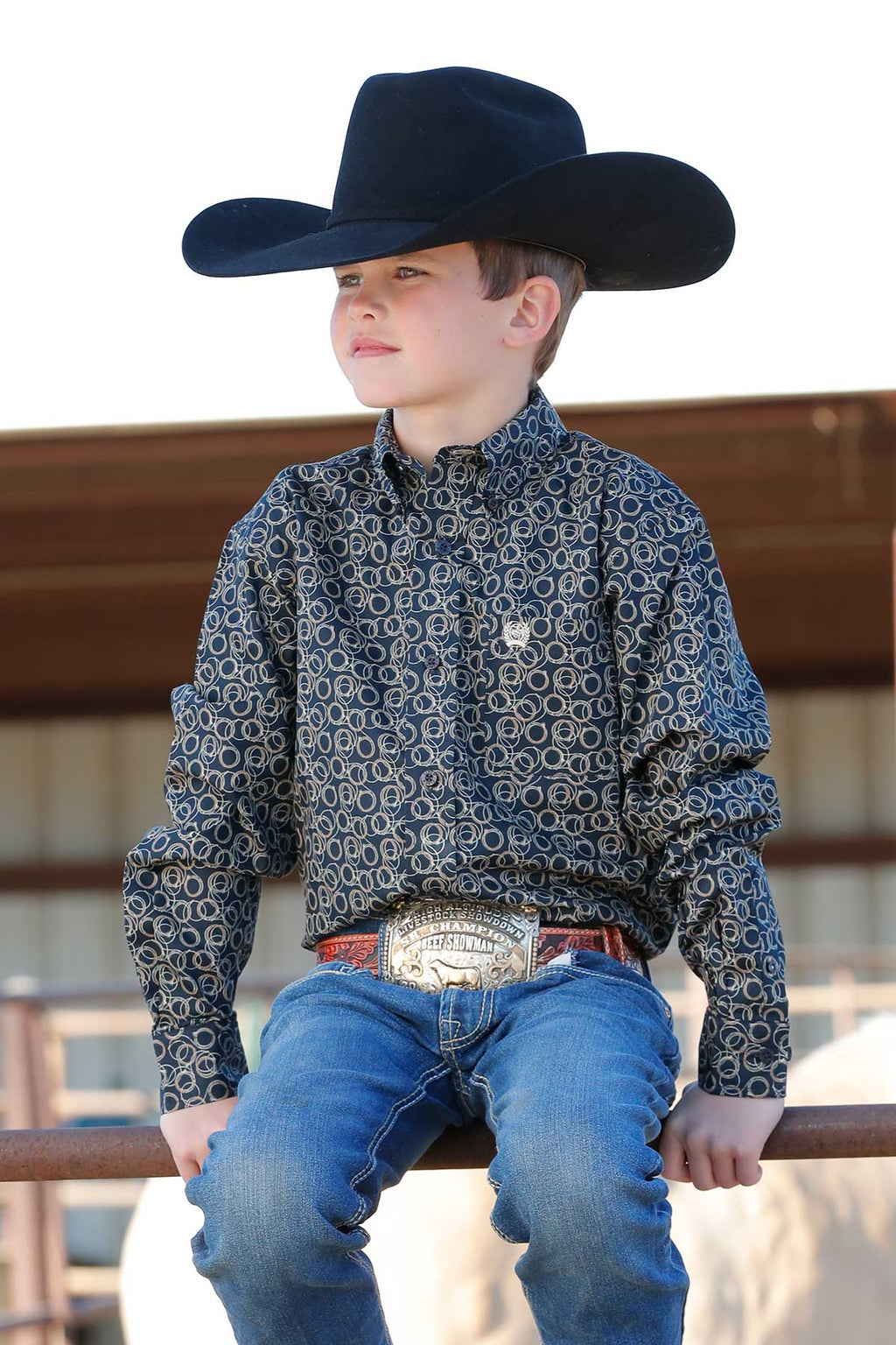 CINCH Boy's Navy L/S Print Button-Down Western Shirt