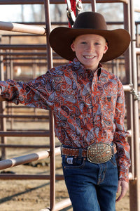 CINCH Boy's Orange L/S Print Button-Down Western Shirt