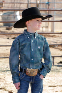 CINCH Boy's Teal L/S Print Button-Down Western Shirt