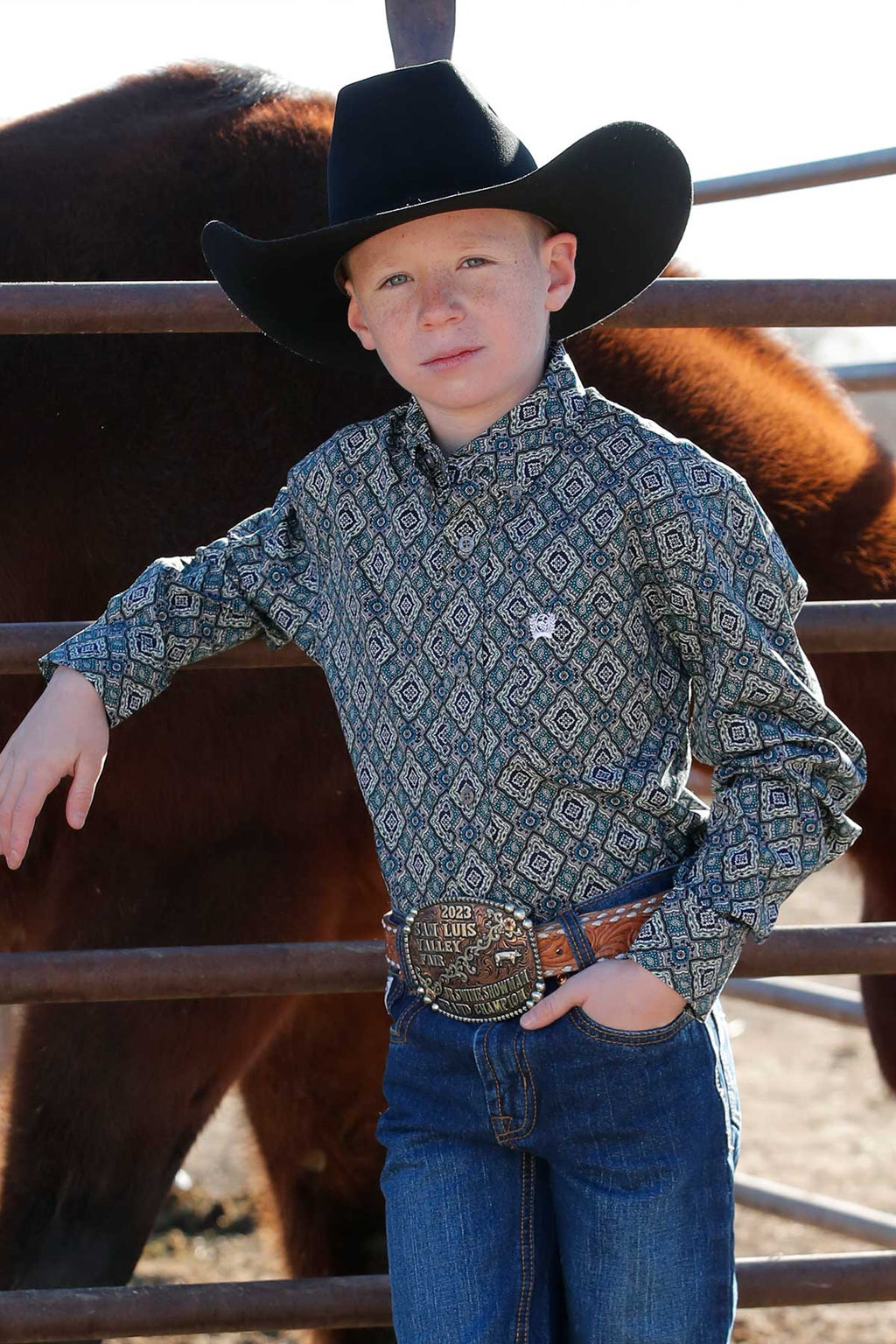 CINCH Boy's Grey L/S Print Button-Down Western Shirt