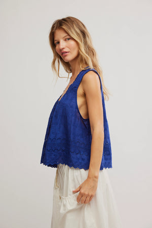FREE PEOPLE Belle Weather Blue Marina Eyelet Tank