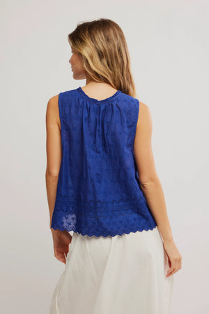 FREE PEOPLE Belle Weather Blue Marina Eyelet Tank