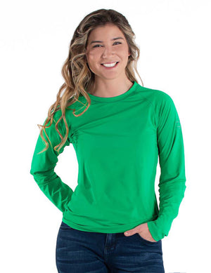 COWGIRL TUFF Women's Money Green Breathe Instant Cooling UPF Long Sleeve Raglan/Baseball Tee