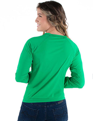 COWGIRL TUFF Women's Money Green Breathe Instant Cooling UPF Long Sleeve Raglan/Baseball Tee