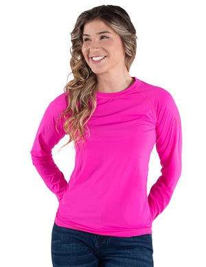 COWGIRL TUFF Women's Hot Pink Breathe Instant Cooling UPF Long Sleeve Raglan/Baseball Tee