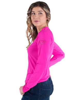 COWGIRL TUFF Women's Hot Pink Breathe Instant Cooling UPF Long Sleeve Raglan/Baseball Tee