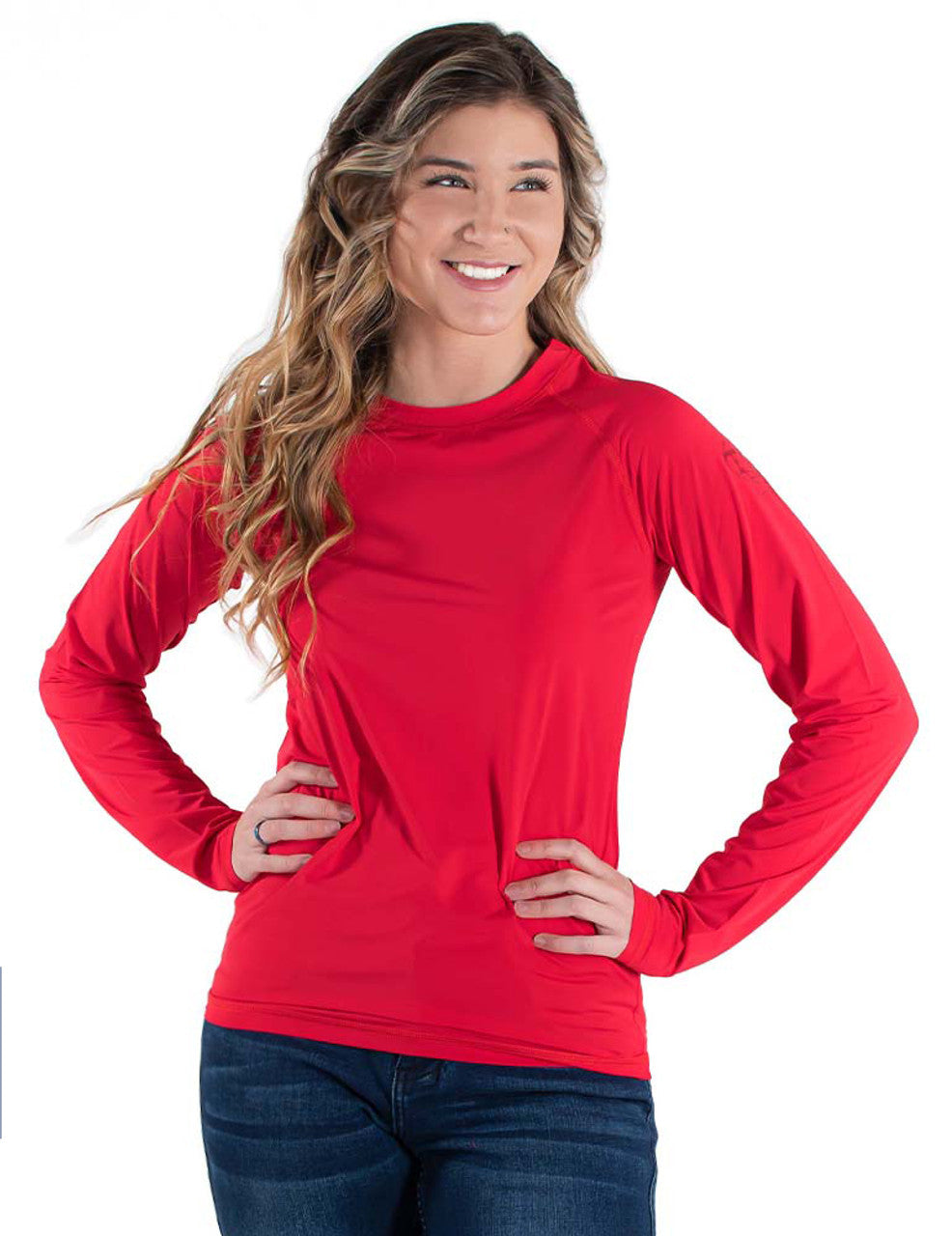 COWGIRL TUFF Women's Red Breathe Instant Cooling UPF Long Sleeve Raglan/Baseball Tee