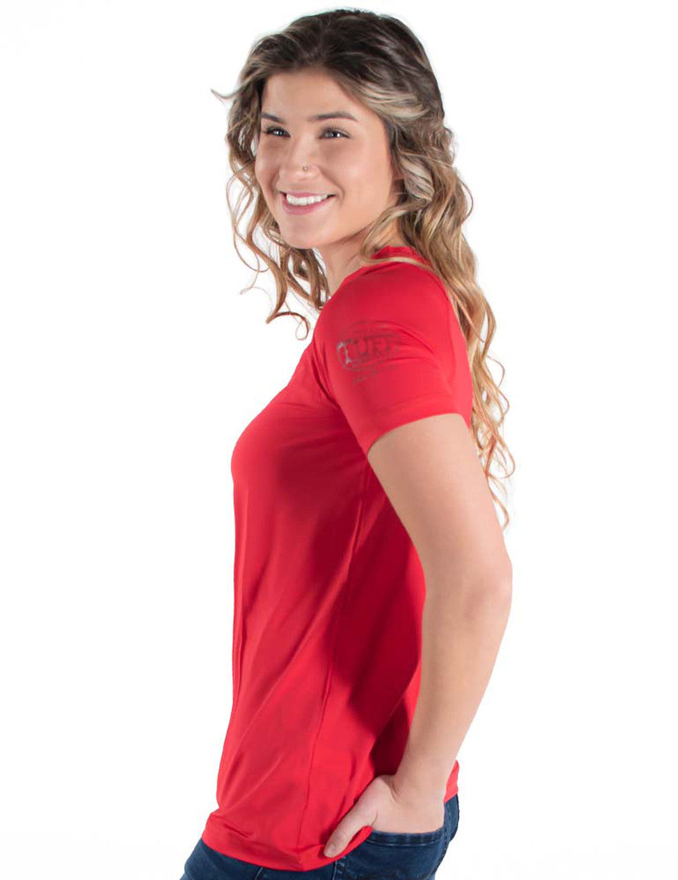 COWGIRL TUFF Women's Red Breathe Instant Cooling UPF Short Sleeve Raglan/Baseball Tee