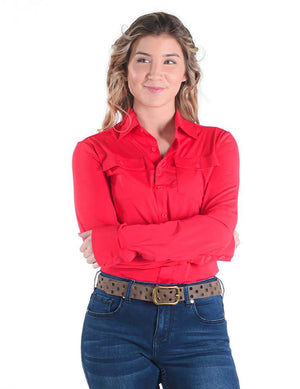 COWGIRL TUFF Women's Bright Red Breathe Cooling UPF Pullover Button-Down