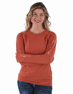 COWGIRL TUFF Women's Rust Breathe Instant Cooling UPF Long Sleeve Raglan/Baseball Tee