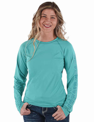 COWGIRL TUFF Women's Turquoise Breathe Instant Cooling UPF Long Sleeve Raglan/Baseball Tee