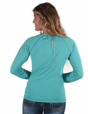 COWGIRL TUFF Women's Turquoise Breathe Instant Cooling UPF Long Sleeve Raglan/Baseball Tee