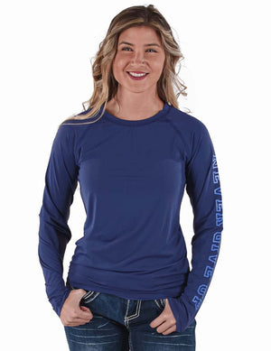 COWGIRL TUFF Women's Indigo Breathe Instant Cooling UPF Long Sleeve Raglan/Baseball Tee