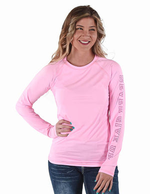 COWGIRL TUFF Women's Bubblegum Pink Breathe Instant Cooling UPF Long Sleeve Raglan/Baseball Tee