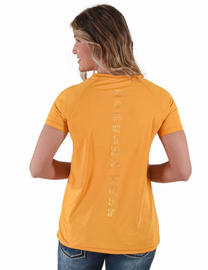 COWGIRL TUFF Women's Mustard Breathe Instant Cooling UPF Short Sleeve Raglan/Baseball Tee