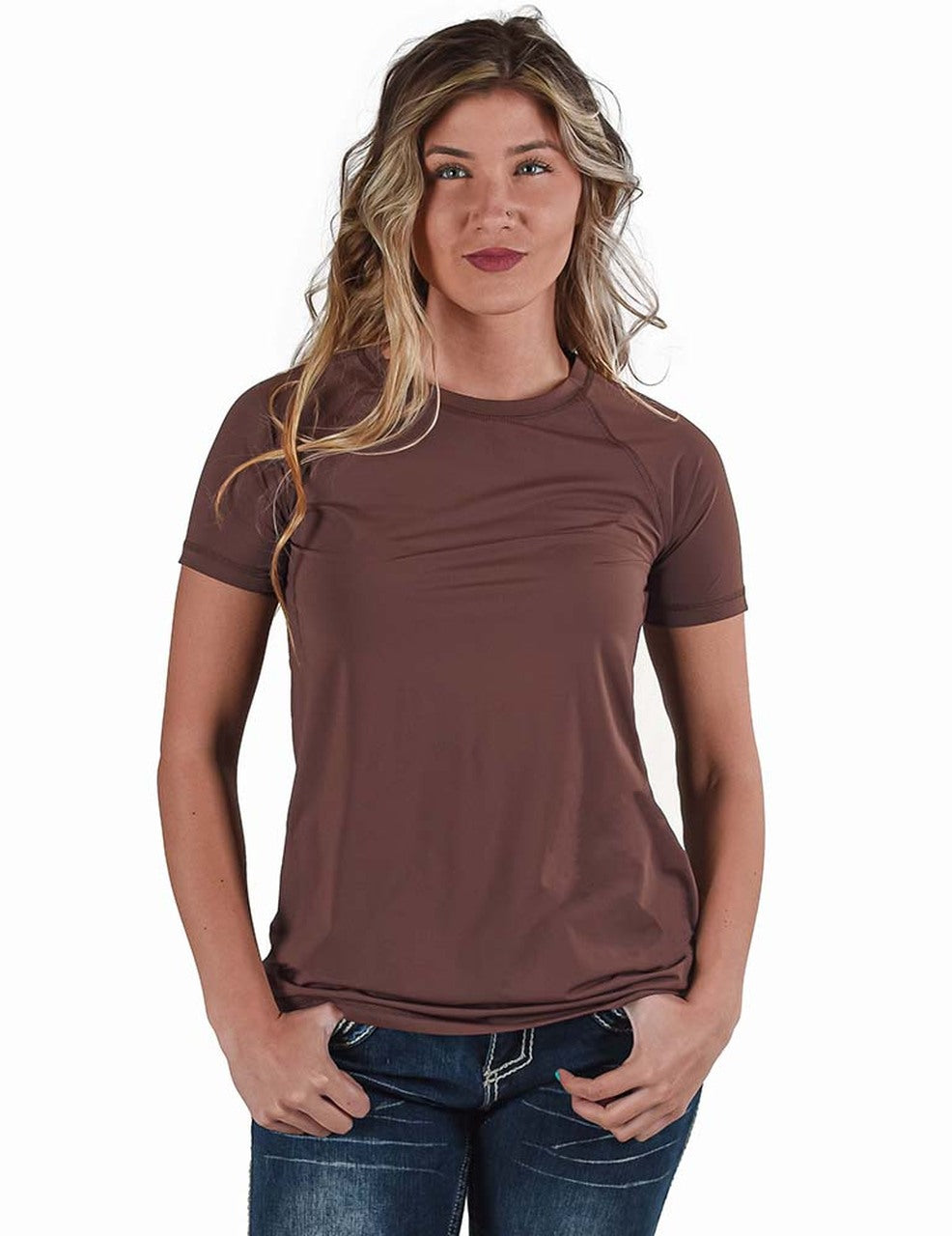 COWGIRL TUFF Women's Brown Breathe Instant Cooling UPF Short Sleeve Raglan/Baseball Tee