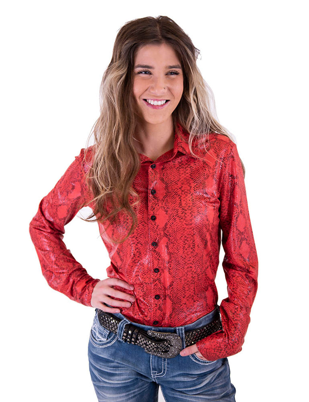 COWGIRL TUFF Women's Red Snake Pullover Button-Down