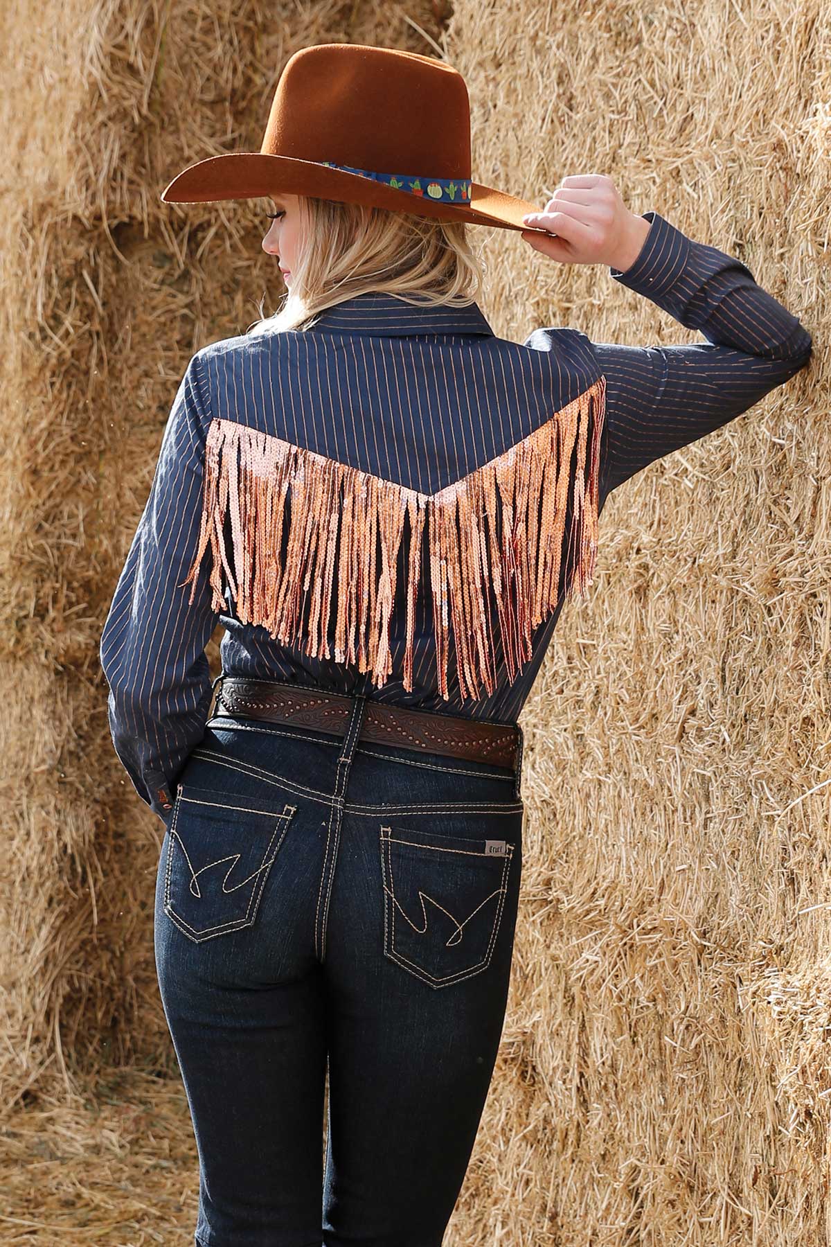 CRUEL GIRL Women's Navy Sequin Fringe Western Top