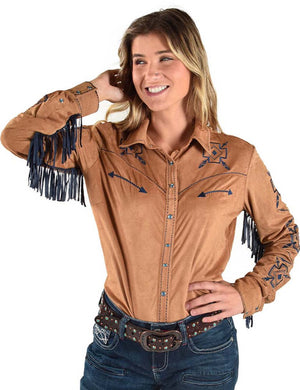 COWGIRL TUFF Women's Tan w/Blue Fringe Pullover Button-Down