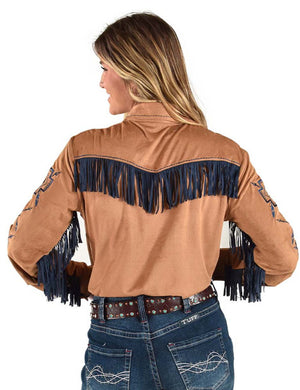 COWGIRL TUFF Women's Tan w/Blue Fringe Pullover Button-Down