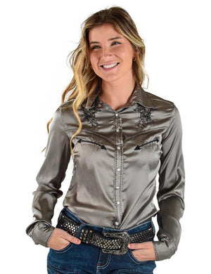 COWGIRL TUFF Women's Silver w/Black Embroidery Pullover Button-Down