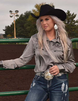 COWGIRL TUFF Women's Silver w/Black Embroidery Pullover Button-Down