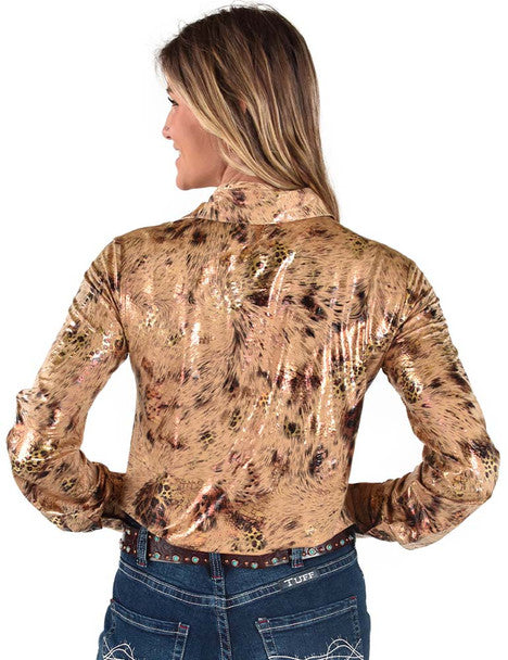 COWGIRL TUFF Women's Tan Leopard Pullover Button-Down