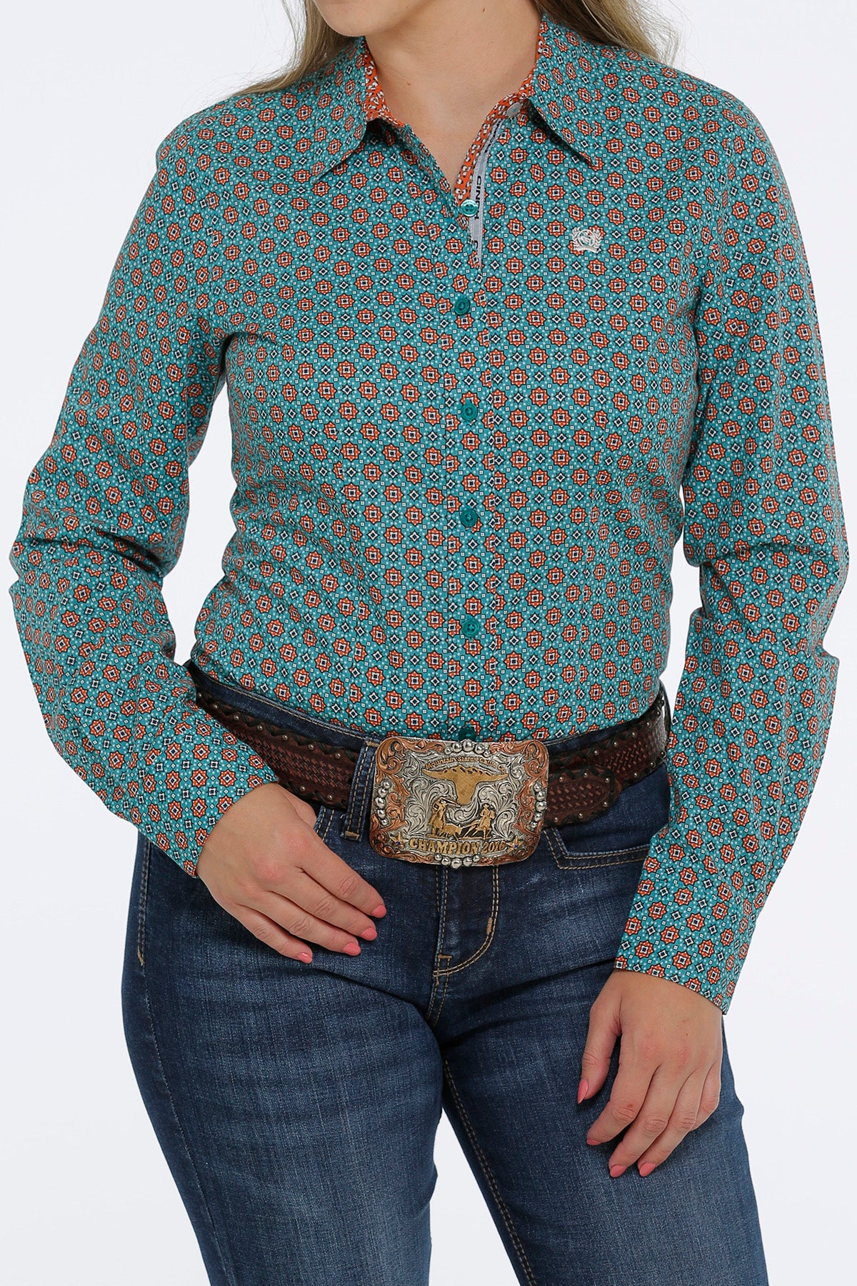 CINCH Women's Green and Orange Button-Down Western Shirt