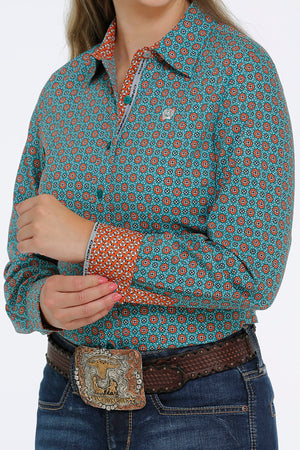 CINCH Women's Green and Orange Button-Down Western Shirt