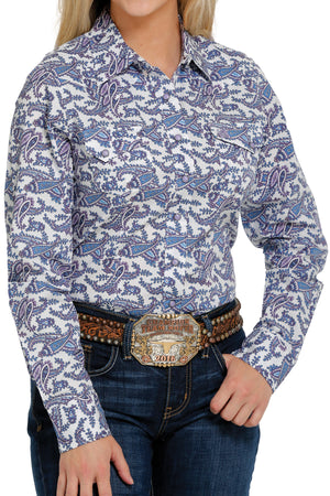 CINCH Women's White, Blue, and Purple Paisley Snap Front Western Shirt