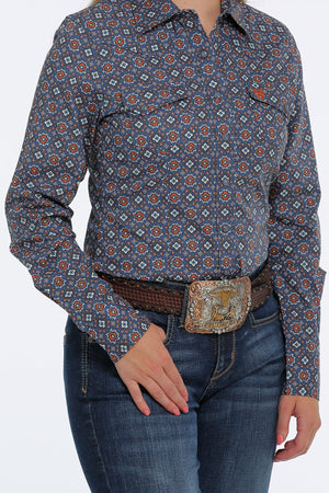 CINCH Women's Blue, Orange, and Cream Snap Front Western Shirt