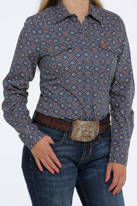 CINCH Women's Blue, Orange, and Cream Snap Front Western Shirt