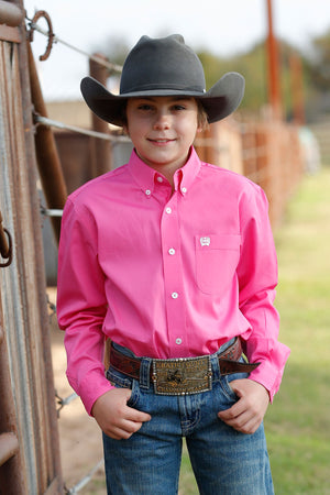 CINCH Boy's Long Sleeve Solid Pink Button-Down Western Shirt