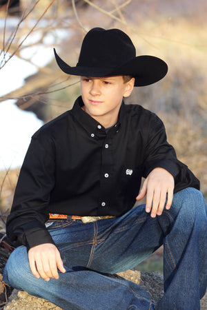 CINCH Boy's Long Sleeve Solid Black Button-Down Western Shirt