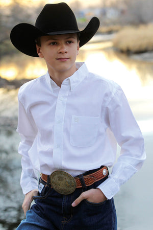 CINCH Boy's Long Sleeve Solid White Button-Down Western Shirt