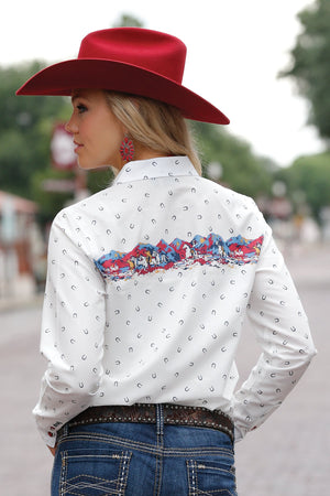 CRUEL GIRL Women's White Printed Girlfriend Fit Snap Western Shirt